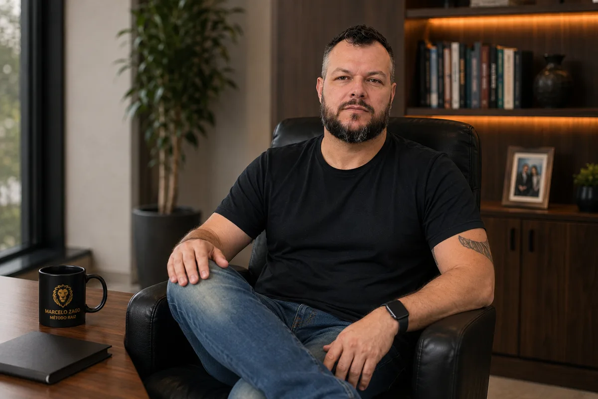 Marcelo Zago de camiseta preta, sentado em seu escritório